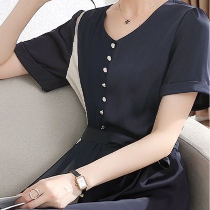 パーティードレス 襟付きボタン飾りウエストリボンミモレ丈大人ワンピース