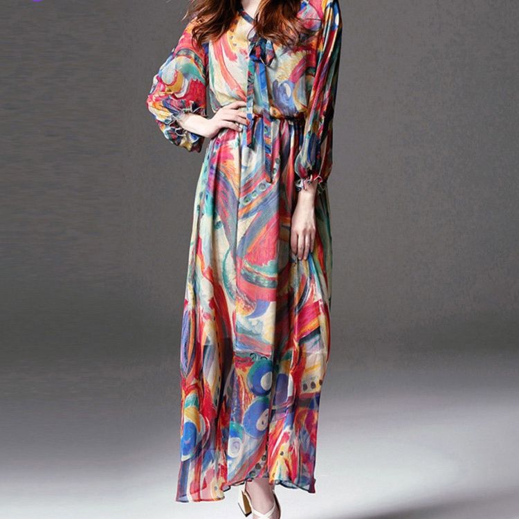 パーティードレス 抽象アート柄シフォン長袖マキシ丈ワンピース