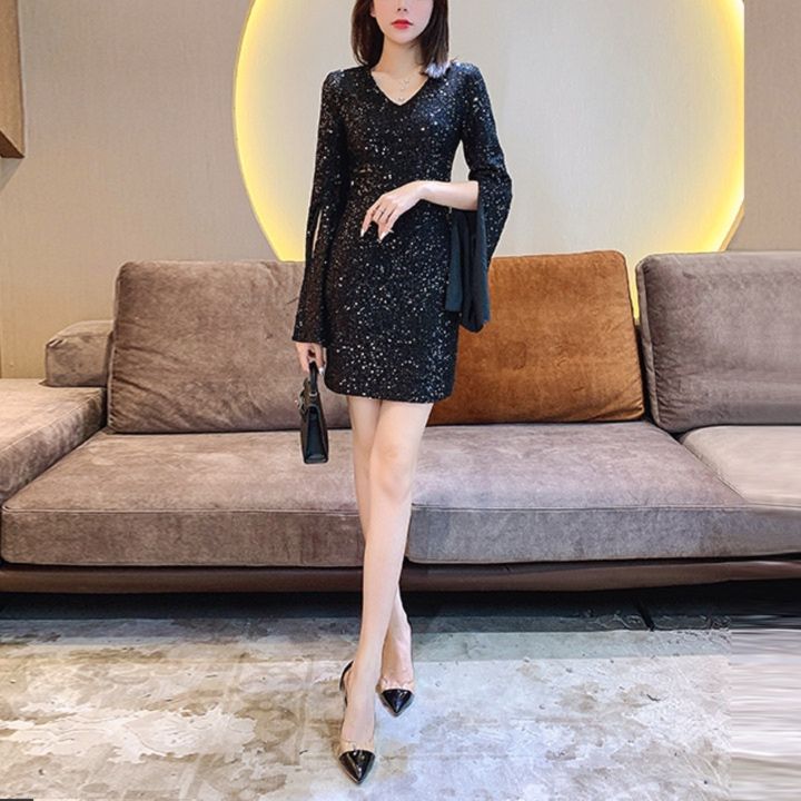 パーティードレス 華やかスパンコール刺繍フレア袖ミニ丈ワンピース