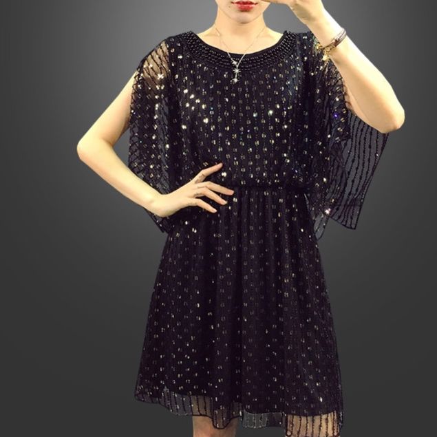 パーティードレス スパンコール刺繍シフォン袖付きドレス