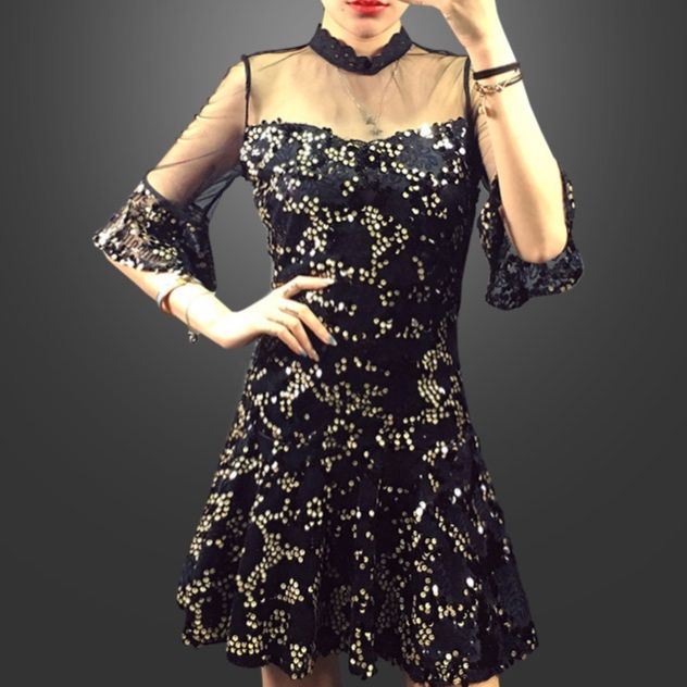 パーティードレス シースルー袖花柄刺繍入りフレアスカートワンピース