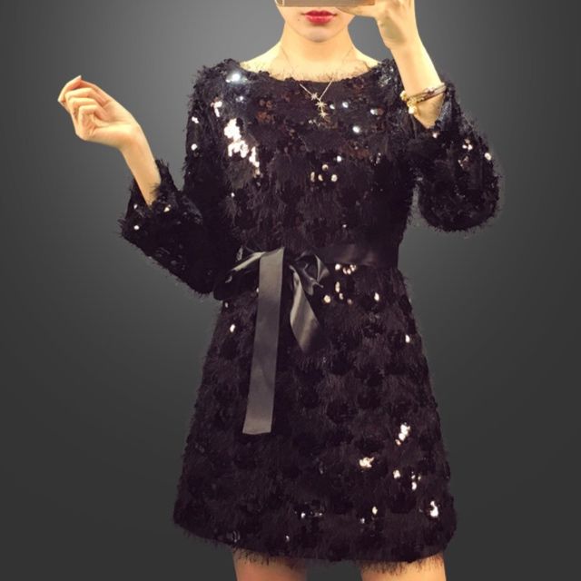 パーティードレス スパンコール装飾七分袖ミニ丈リボンベルト付きワンピース