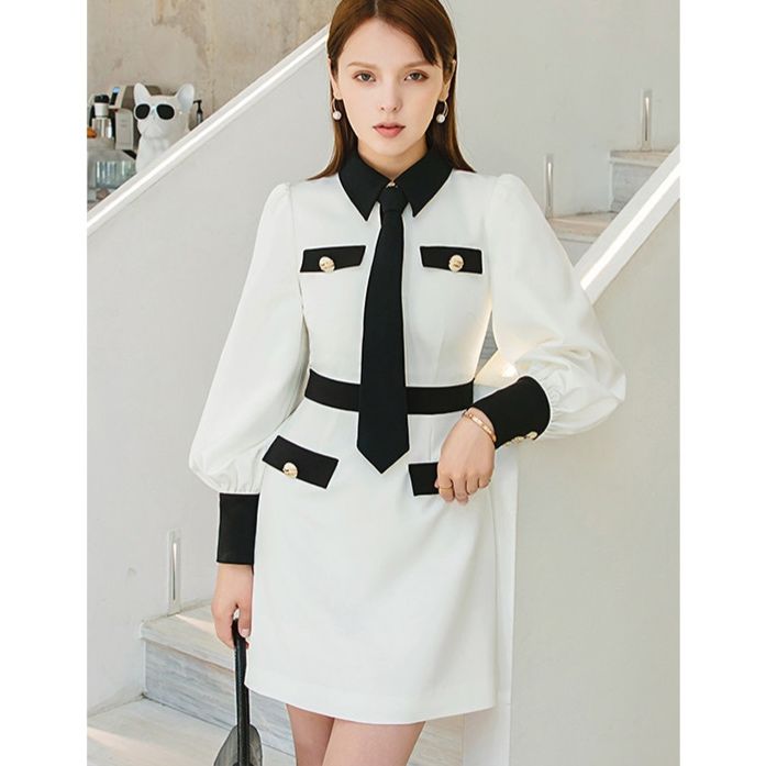 パーティードレス 配色リボンタイ付き長袖ワンピース