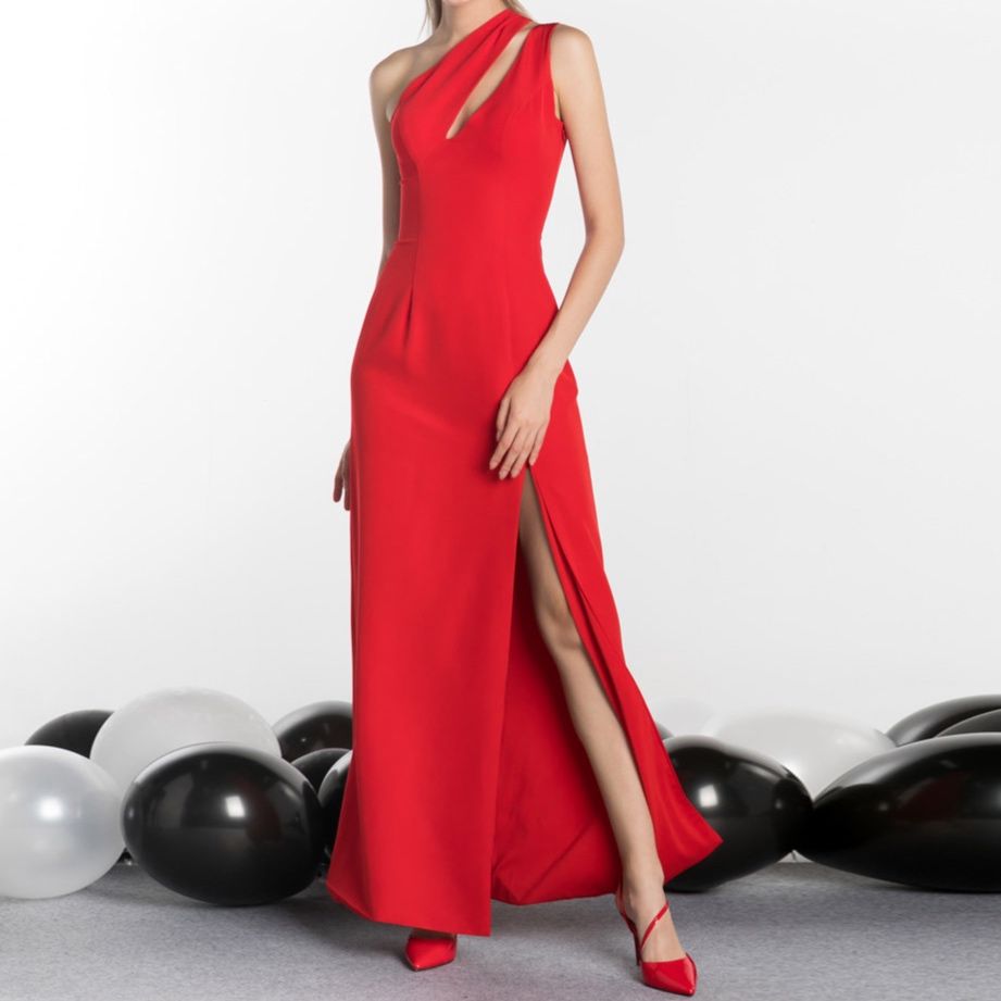 パーティードレス ワンショルダー深スリット入りロング丈ワンピース
