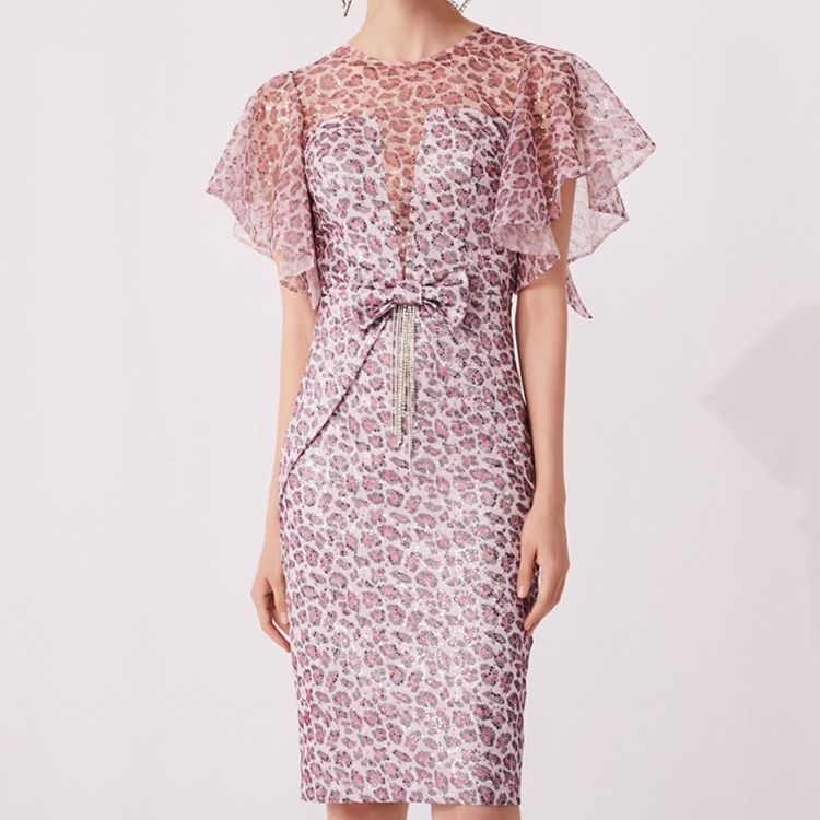 パーティードレス 花柄レース袖フリルリボンベルト付きワンピース