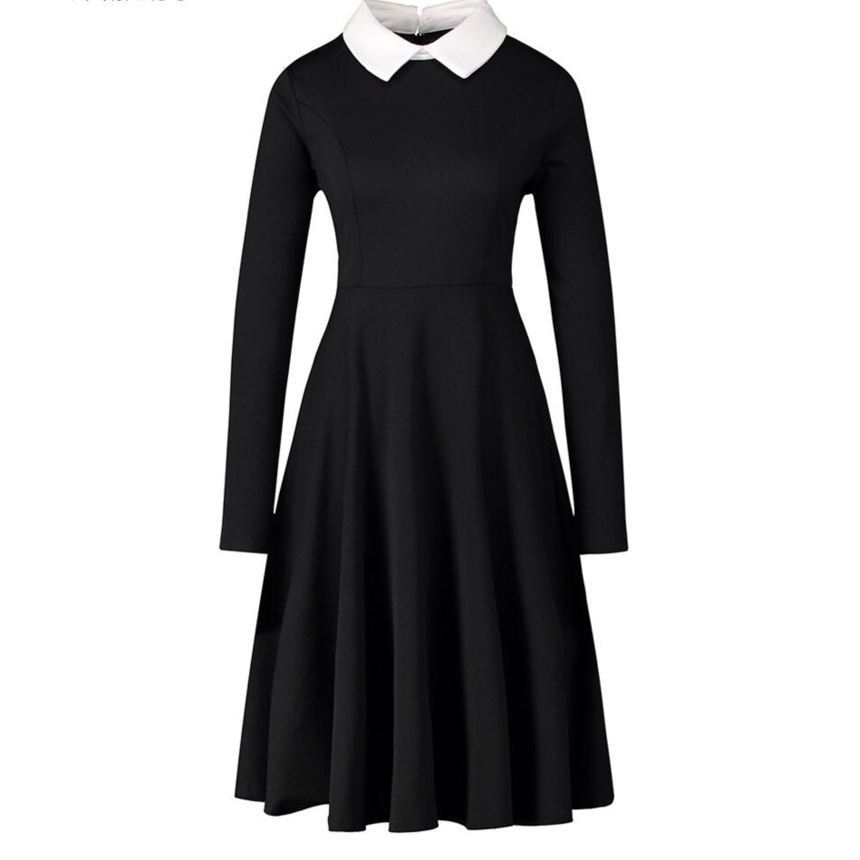 カジュアルドレス 襟付き長袖フレア膝丈ワンピース