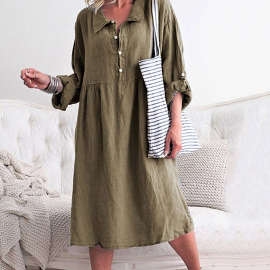 カジュアルドレス 襟付き長袖リネン風ゆったりシャツワンピース