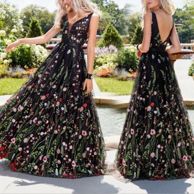 カジュアルドレス 花柄刺繍チュール背中開きロングワンピース