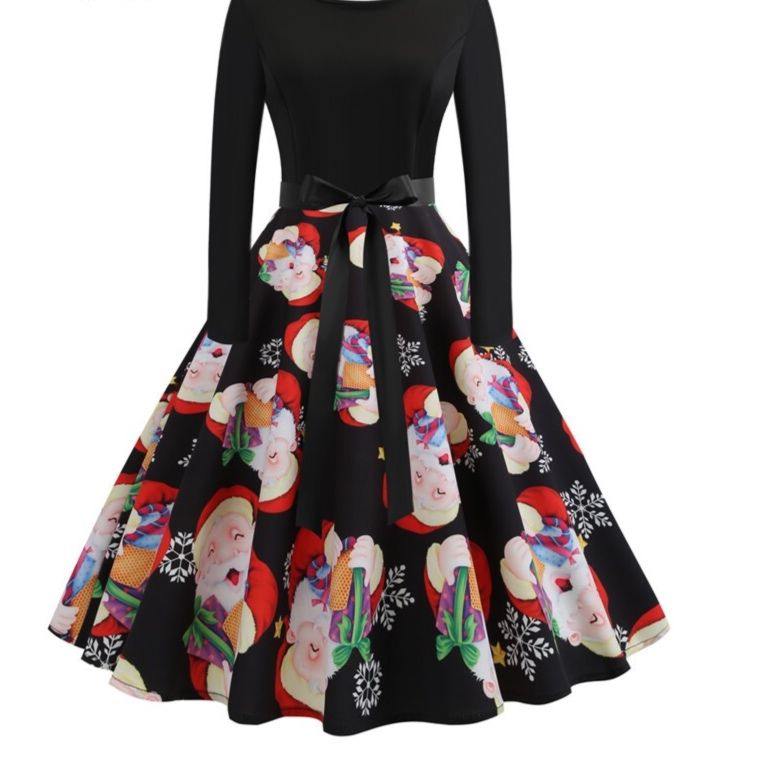 カジュアルドレス 雪だるま柄リボンベルト付きフレア長袖ワンピース