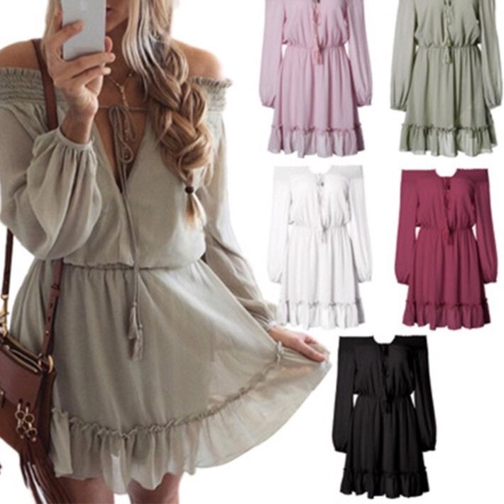 カジュアルドレス オフショルダーフリル裾ウエストリボン長袖ワンピース