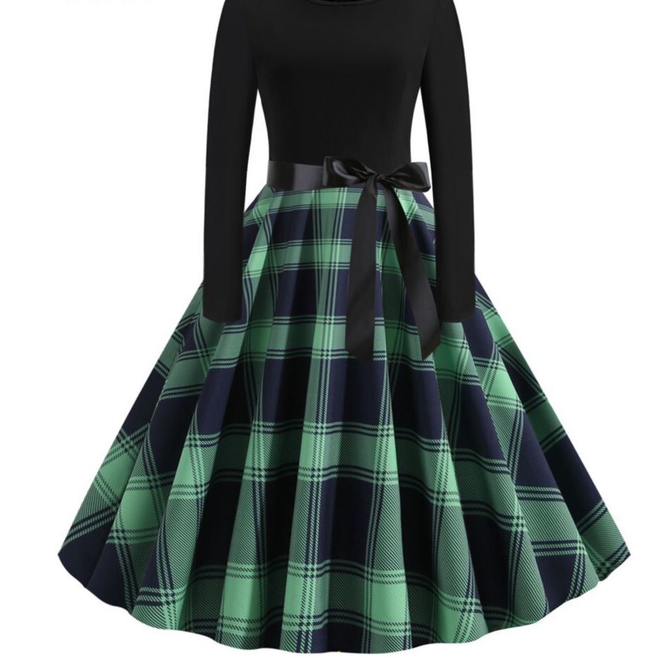 カジュアルドレス チェック柄切替リボンベルト付き長袖ワンピース