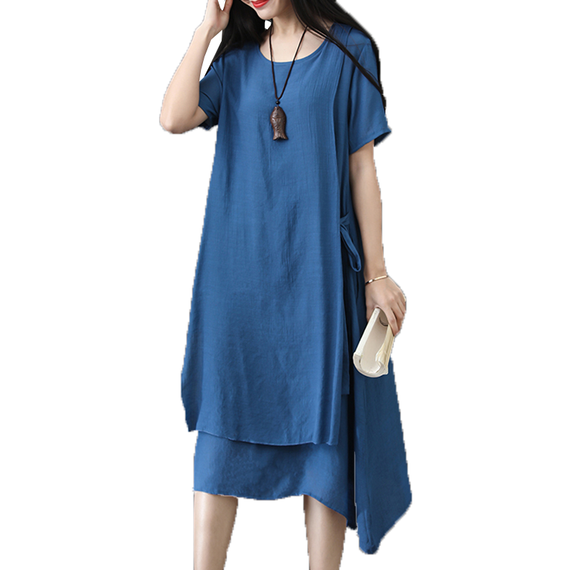 パーティードレス 二重仕立てアシンメトリー裾麻混ゆったりワンピース