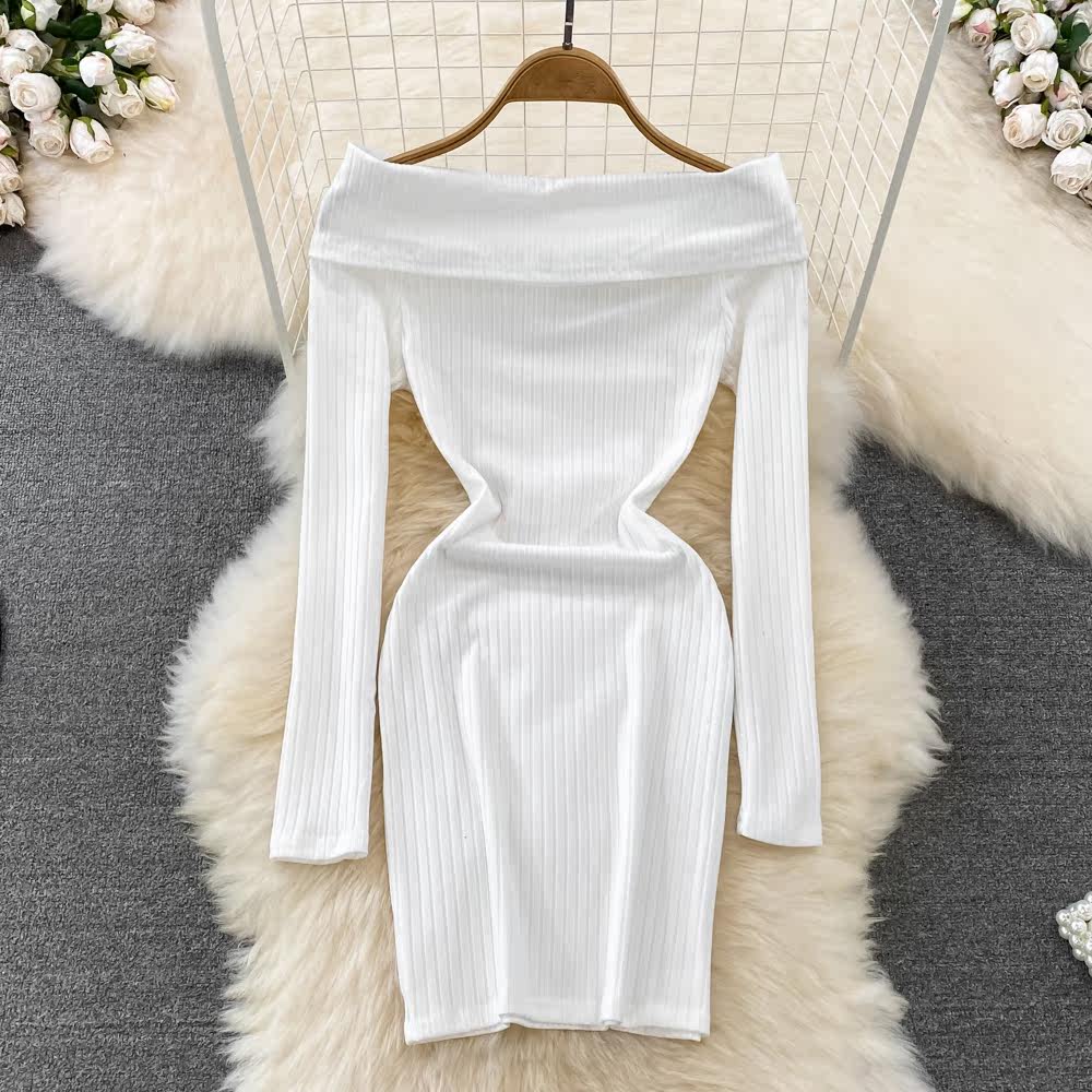 パーティードレス オフショルダーリブニットタイトワンピース