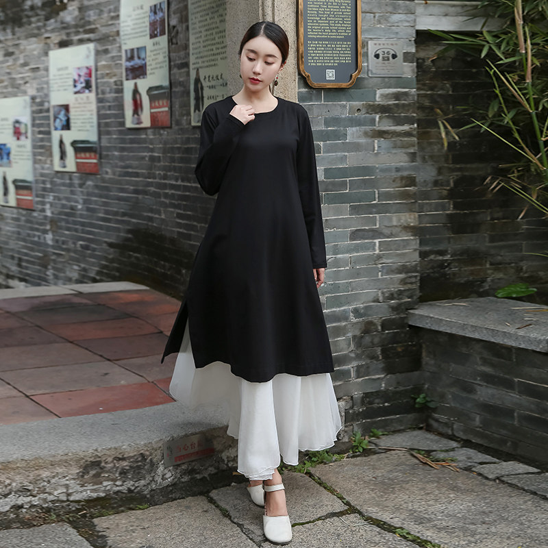 パーティードレス 重ね着風レイヤードデザイン長袖ワンピース