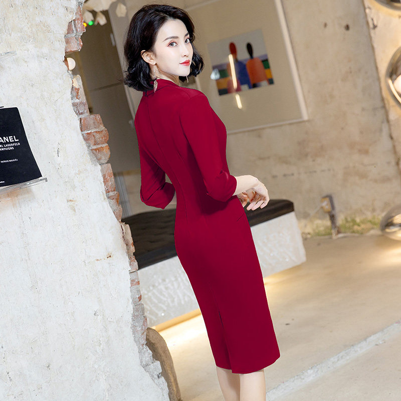 パーティードレス ビジュー付き七分袖カシュクールタイトワンピース