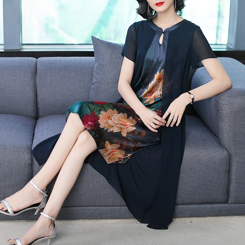 パーティードレス 大輪花柄シフォン切替半袖膝丈ワンピース