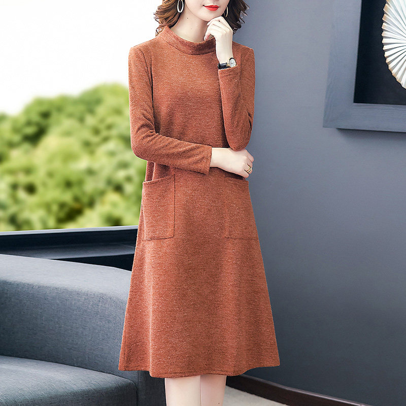 パーティードレス 上品ハイネックニットワンピース長袖ポケット付き