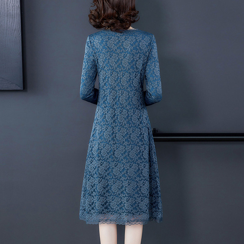 パーティードレス 裏起毛総レース長袖ミモレ丈ワンピース