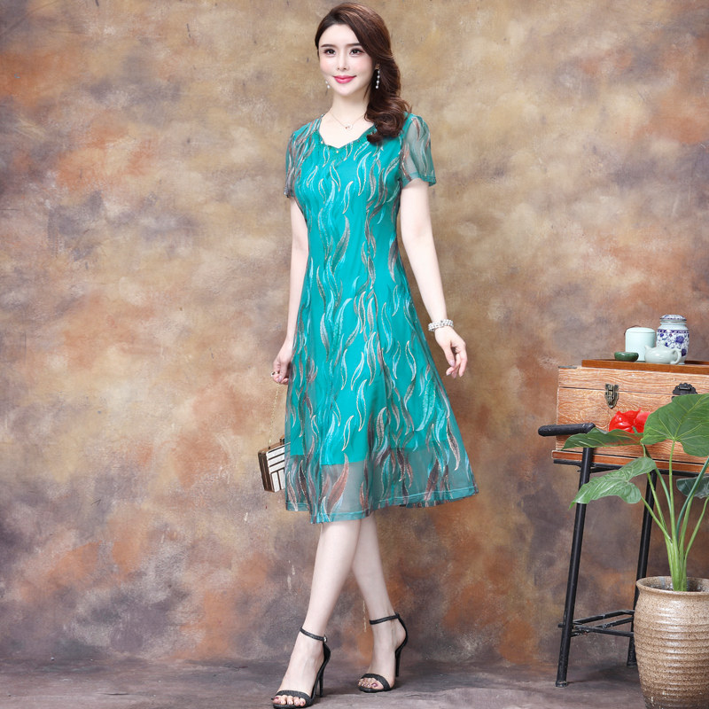 パーティードレス 波模様シフォン重ね襟付き半袖膝丈ワンピース