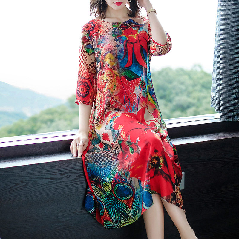 パーティードレス 華やか花柄孔雀羽根模様七分袖膝丈ワンピース