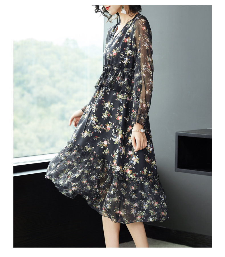 パーティードレス 小花柄シフォンリボンネック長袖ワンピース