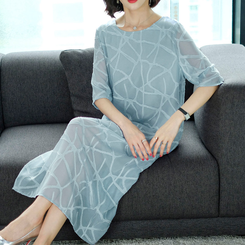 パーティードレス 幾何学模様シフォン五分袖ロングワンピース