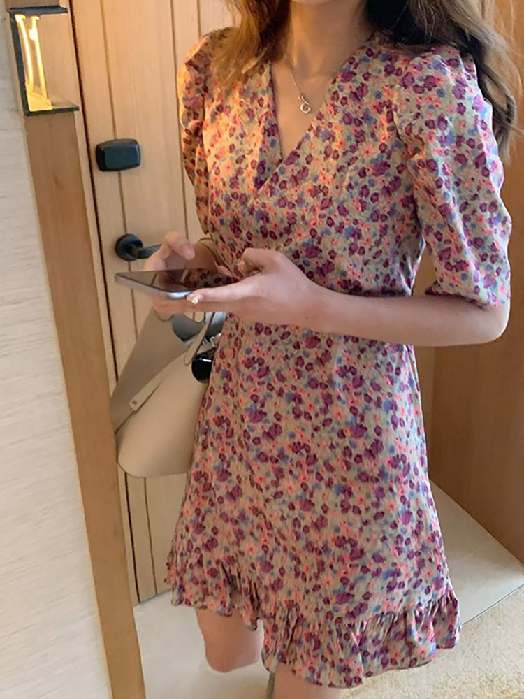 パーティードレス 小花柄シフォン裾フリル半袖ワンピース