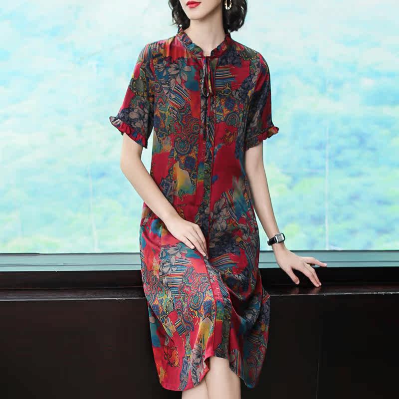 パーティードレス レトロ花柄シフォン五分袖リボン付きワンピース