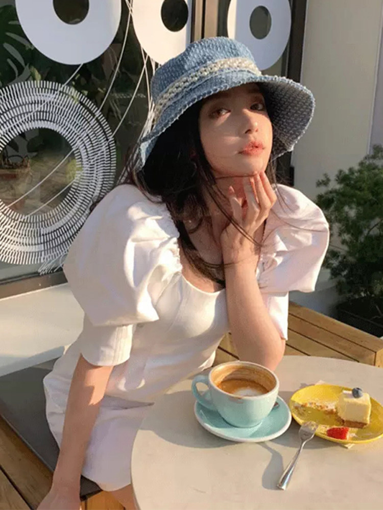 パーティードレス パフスリーブスクエアネックミニ丈ワンピース