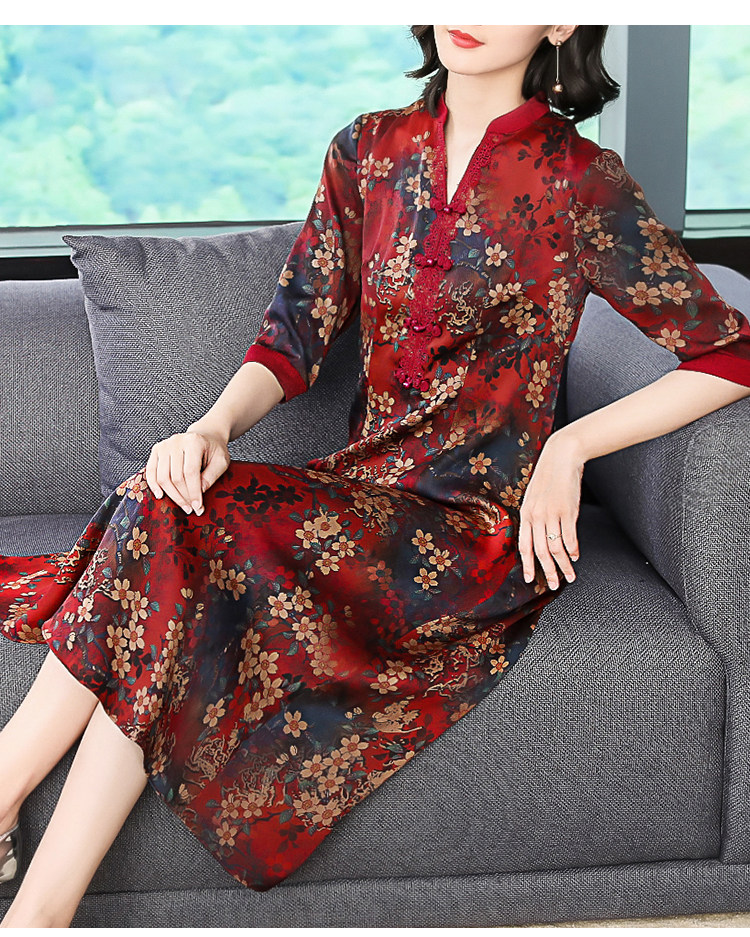 パーティードレス 和モダン花柄シフォン七分袖ワンピース