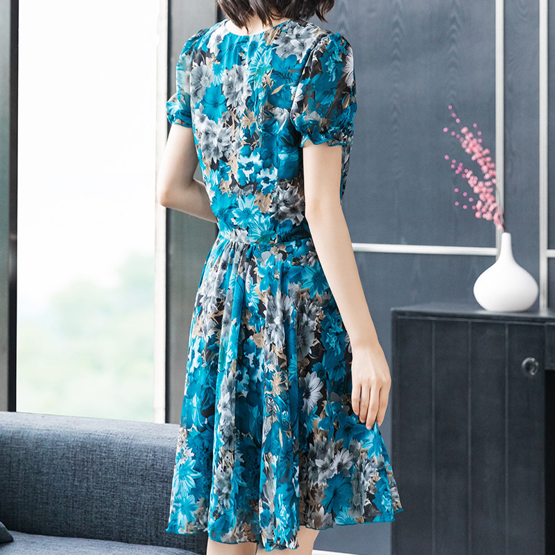 パーティードレス 花柄刺繍パフスリーブ裾広がりワンピース