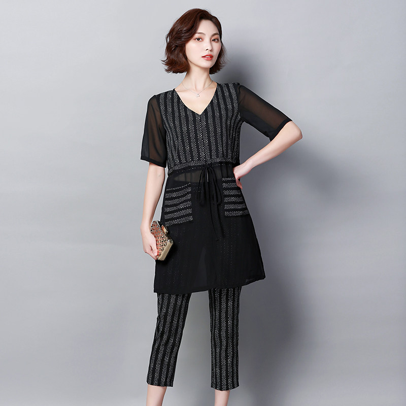 パーティードレス 透け感シフォン袖チュニック風パンツセットアップ