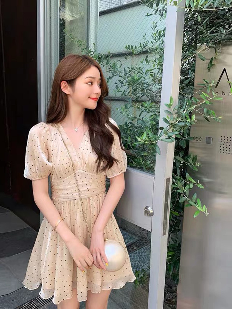 パーティードレス 星空ドット刺繍チュールパフスリーブワンピース