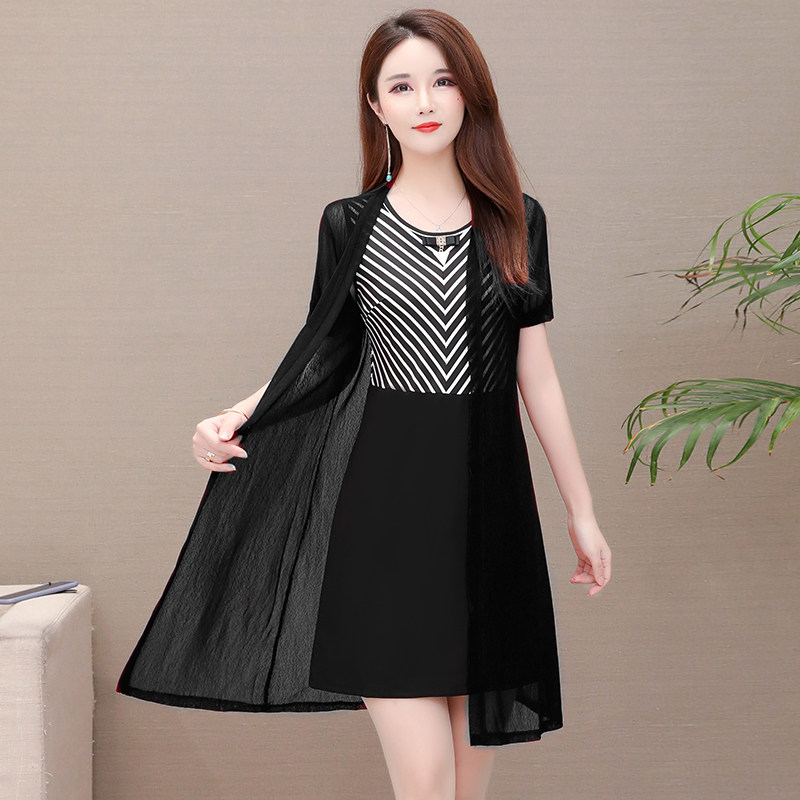 パーティードレス シアーロングカーディガン付きストライプ切替ワンピース