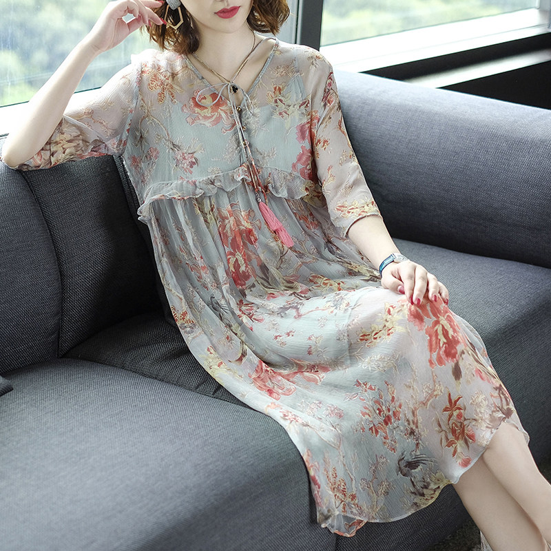 パーティードレス 花柄シフォン素材エレガント膝丈ワンピース