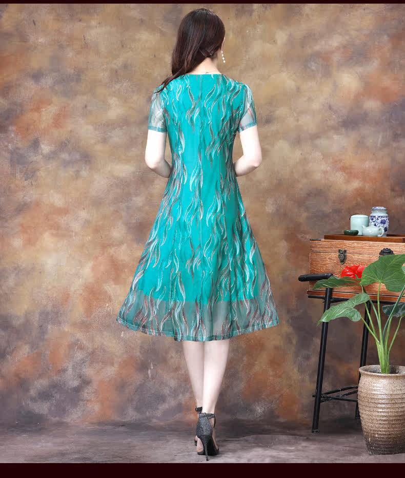 パーティードレス 波模様シフォン重ね襟付き半袖膝丈ワンピース