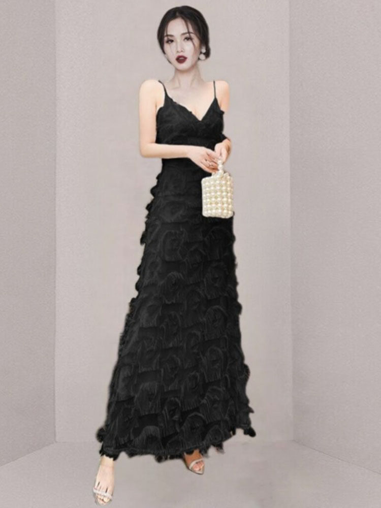 パーティードレス 立体フリンジ装飾キャミソール丈長ワンピース