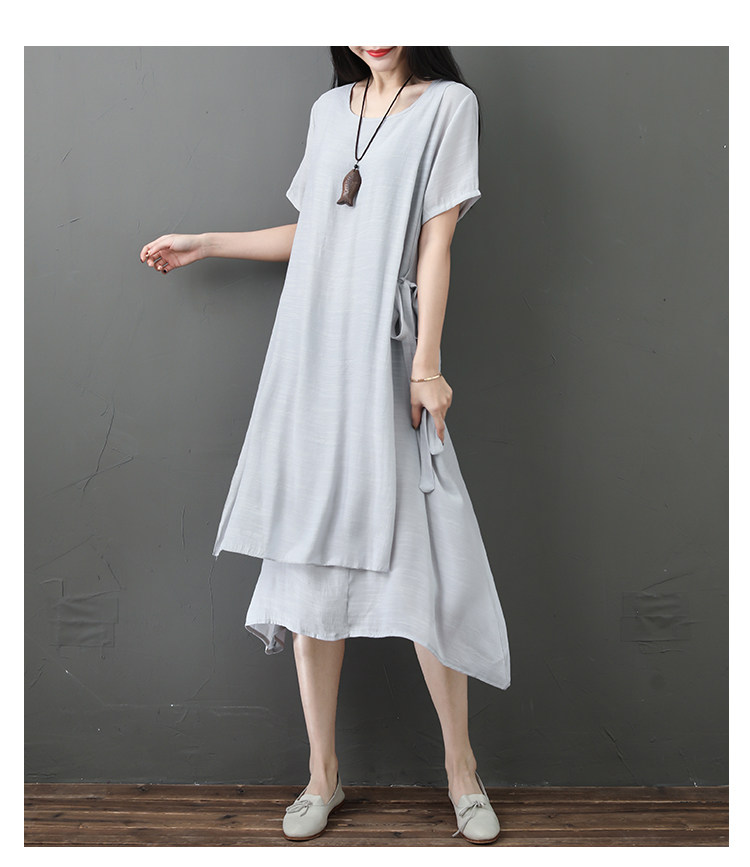 パーティードレス 二重仕立てアシンメトリー裾麻混ゆったりワンピース