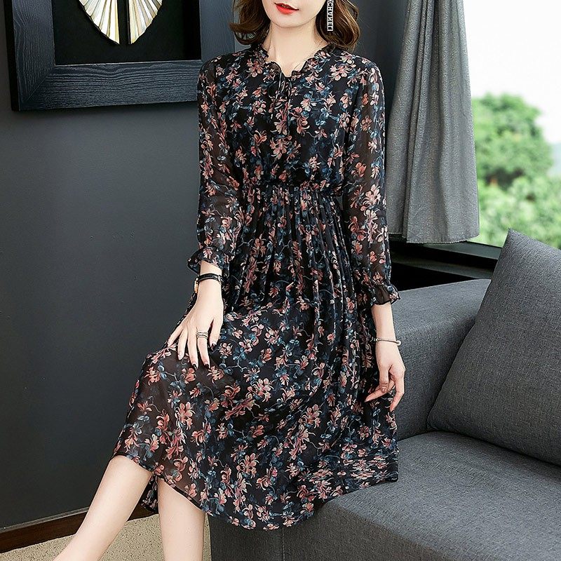 パーティードレス 花柄シフォン長袖ティアードワンピース