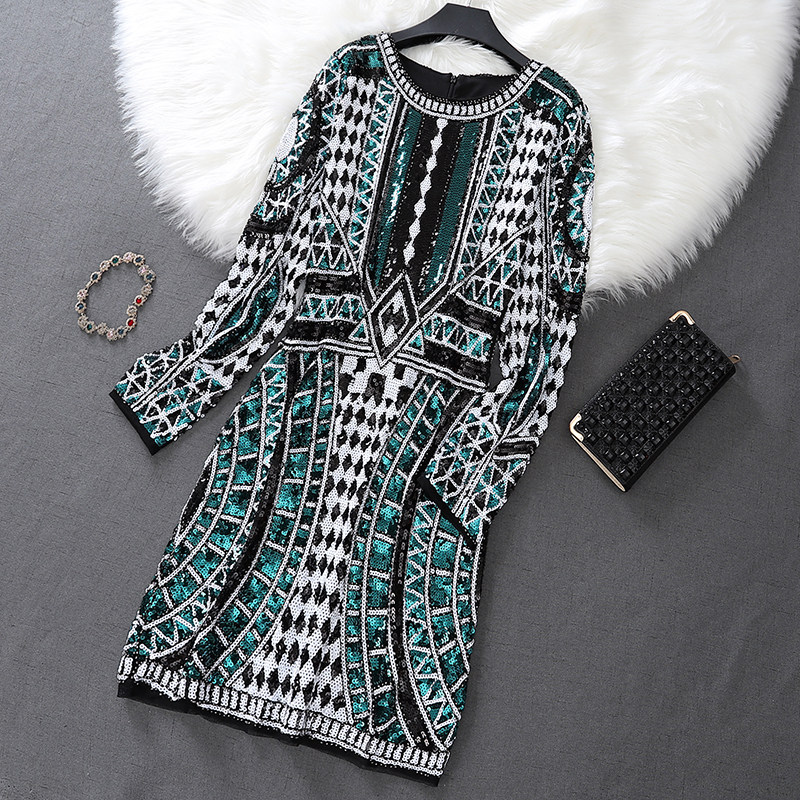 パーティードレス 幾何学模様ビーズ刺繍長袖ミニ丈ワンピース