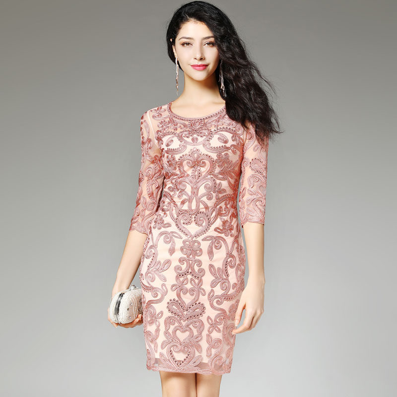 パーティードレス 豪華刺繍レース七分袖タイトワンピース