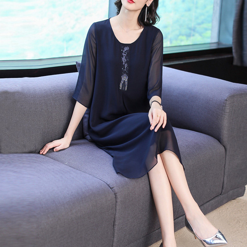 パーティードレス ビジュー刺繍シフォン袖エレガントワンピース