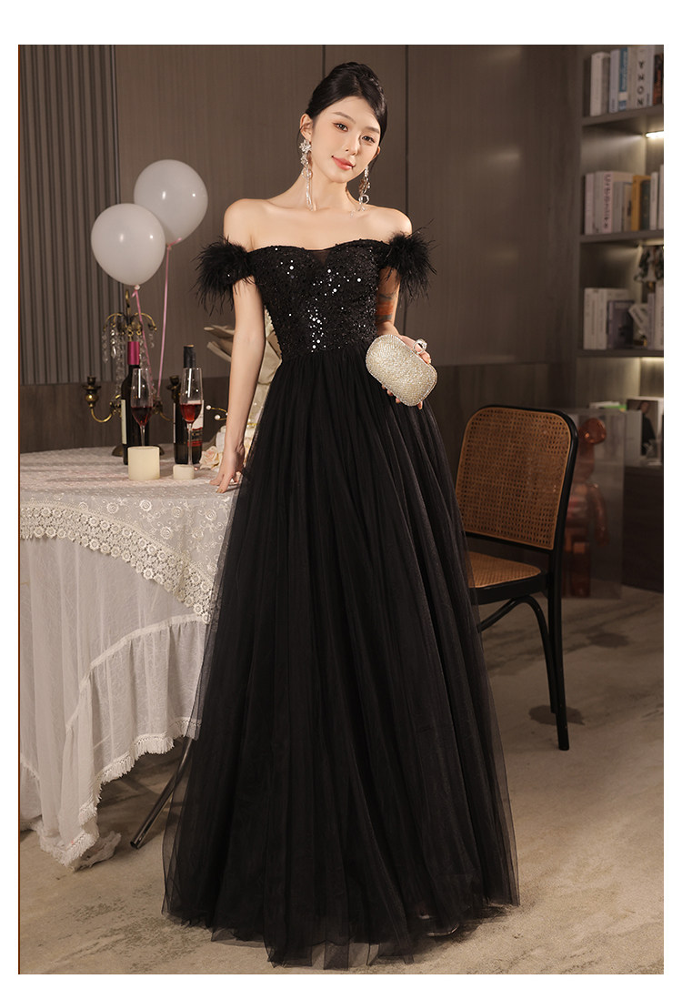 パーティードレス 羽根付きオフショルダースパンコール刺繍チュールワンピース