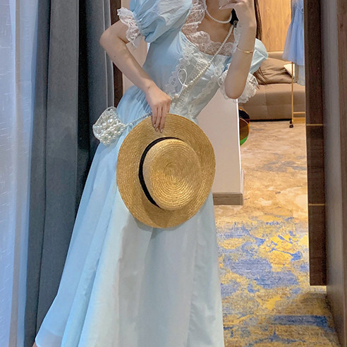 パーティードレス オフショルダーパフスリーブレース切替ワンピース