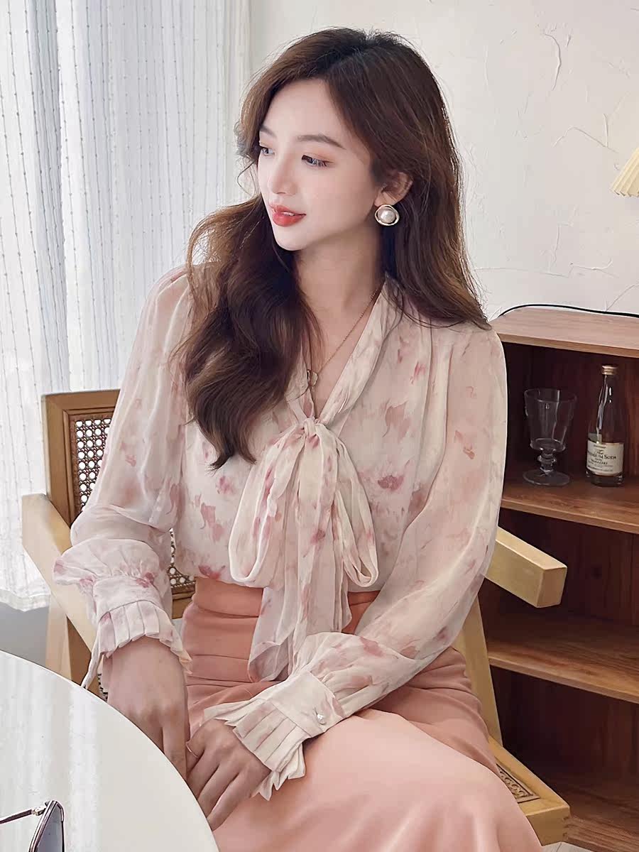 パーティードレス 花柄シフォンボウタイブラウス切替タイトスカートワンピース