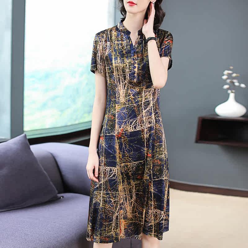 パーティードレス 抽象柄半袖チャイナカラーワンピース