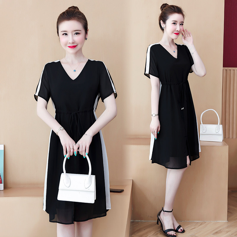 パーティードレス 袖ライン配色ウエストリボン付きブイネックワンピース