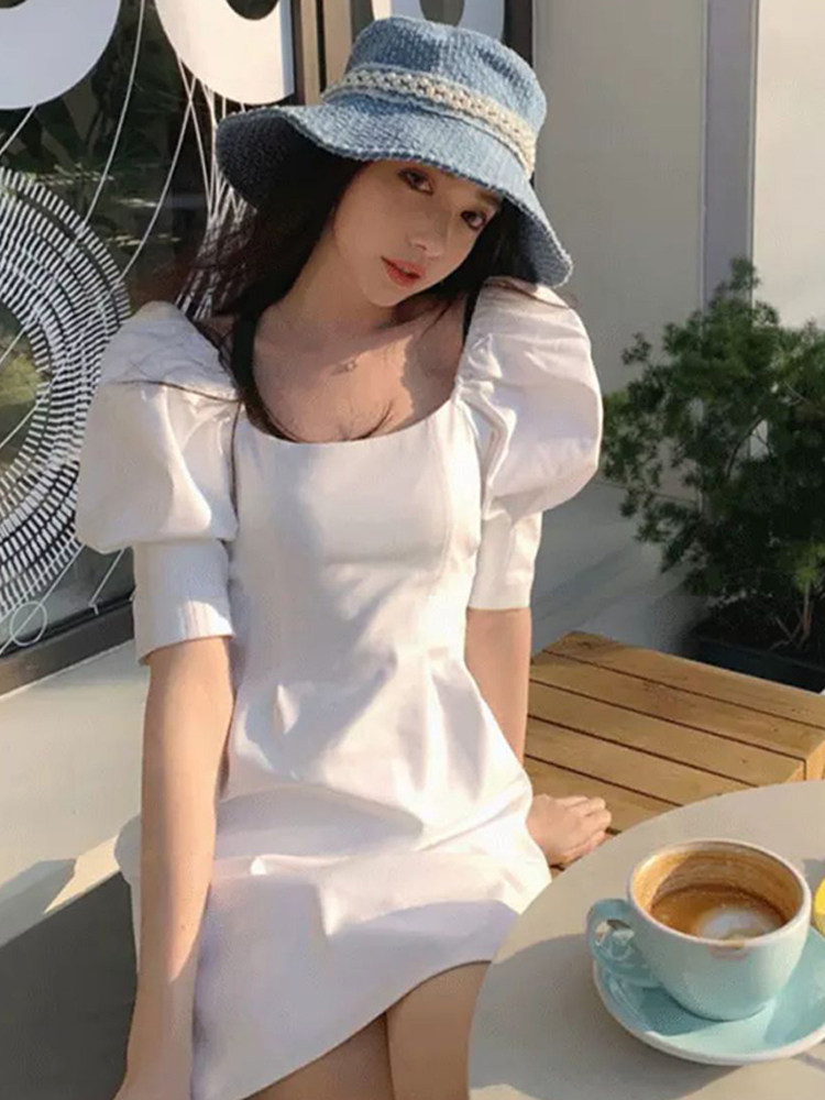 パーティードレス パフスリーブスクエアネックミニ丈ワンピース