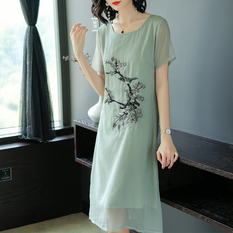 パーティードレス 梅花刺繍入り半袖シフォン膝丈ワンピース