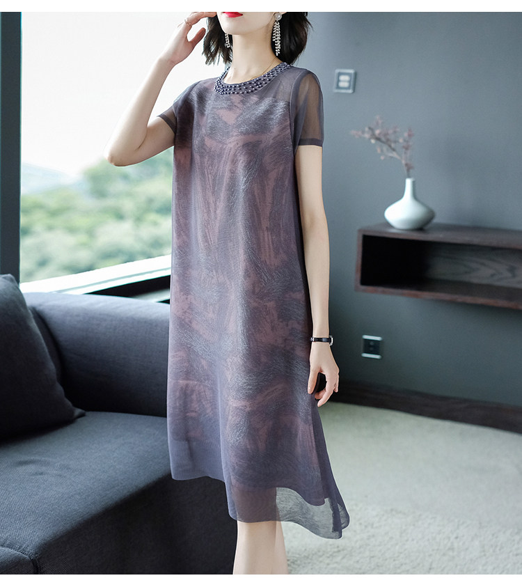 パーティードレス ビジュー装飾ネックライン透け感シフォン重ね膝丈ワンピース